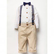 B03759: Baby Boys Bodysuit Shirt With Bow Tie & Chino Pant With Braces Outfit (0-18 Months)